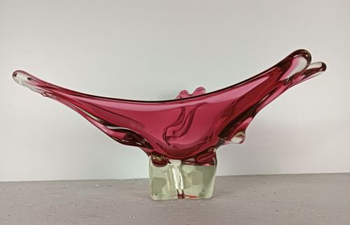 Clear Cranberry  Murano Italian Art Glass Centerpiece Dish Bowl Mid Century Vint photo furniture