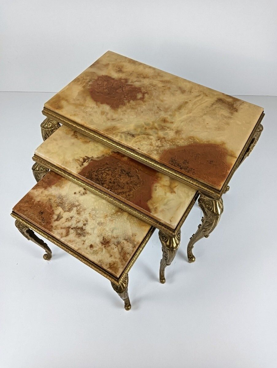 Stylish Set Of 3 Nesting Stacking Tables Hollywood Regency Style Onyx Marble Bra photo for sale