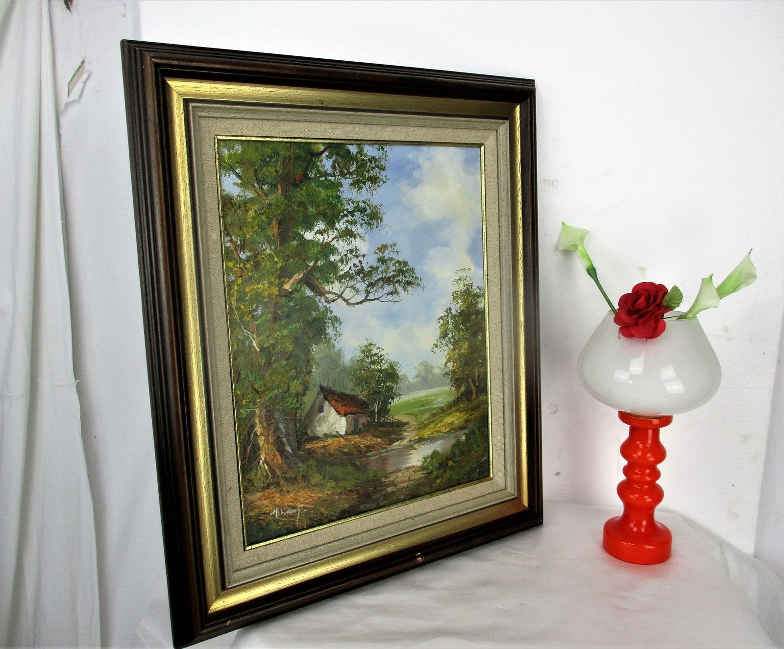 Lovely Oil Painting On Canvas Framed Beautiful Landscape Wood Creek Cabin Signed photo furniture