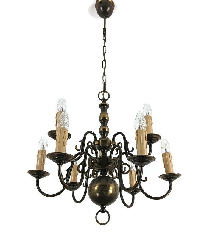 Flemish Dutch Chandelier Brass 9 Lights  Two Tier Vintage Farmhouse Barn Style