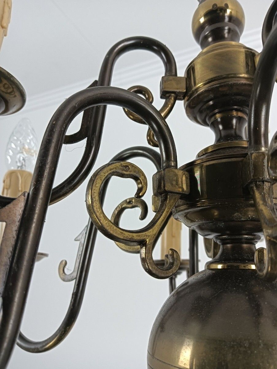 Flemish Dutch Chandelier Brass 9 Lights  Two Tier Vintage Farmhouse Barn Style photo for sale