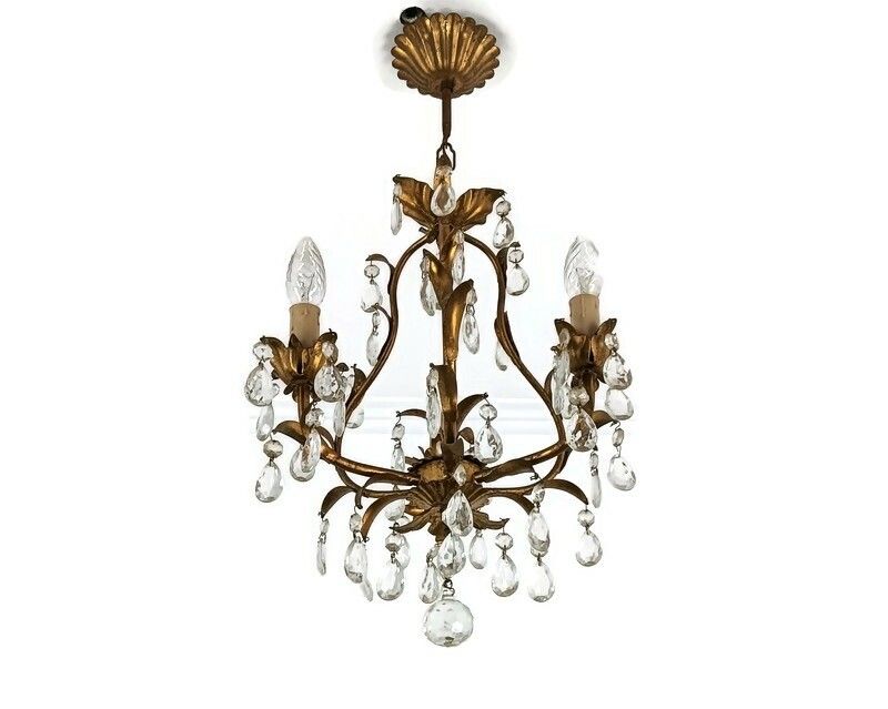 Italian Chandelier 3 Lights Art Glass Prisms Faux Brass Hollywood Regency Style