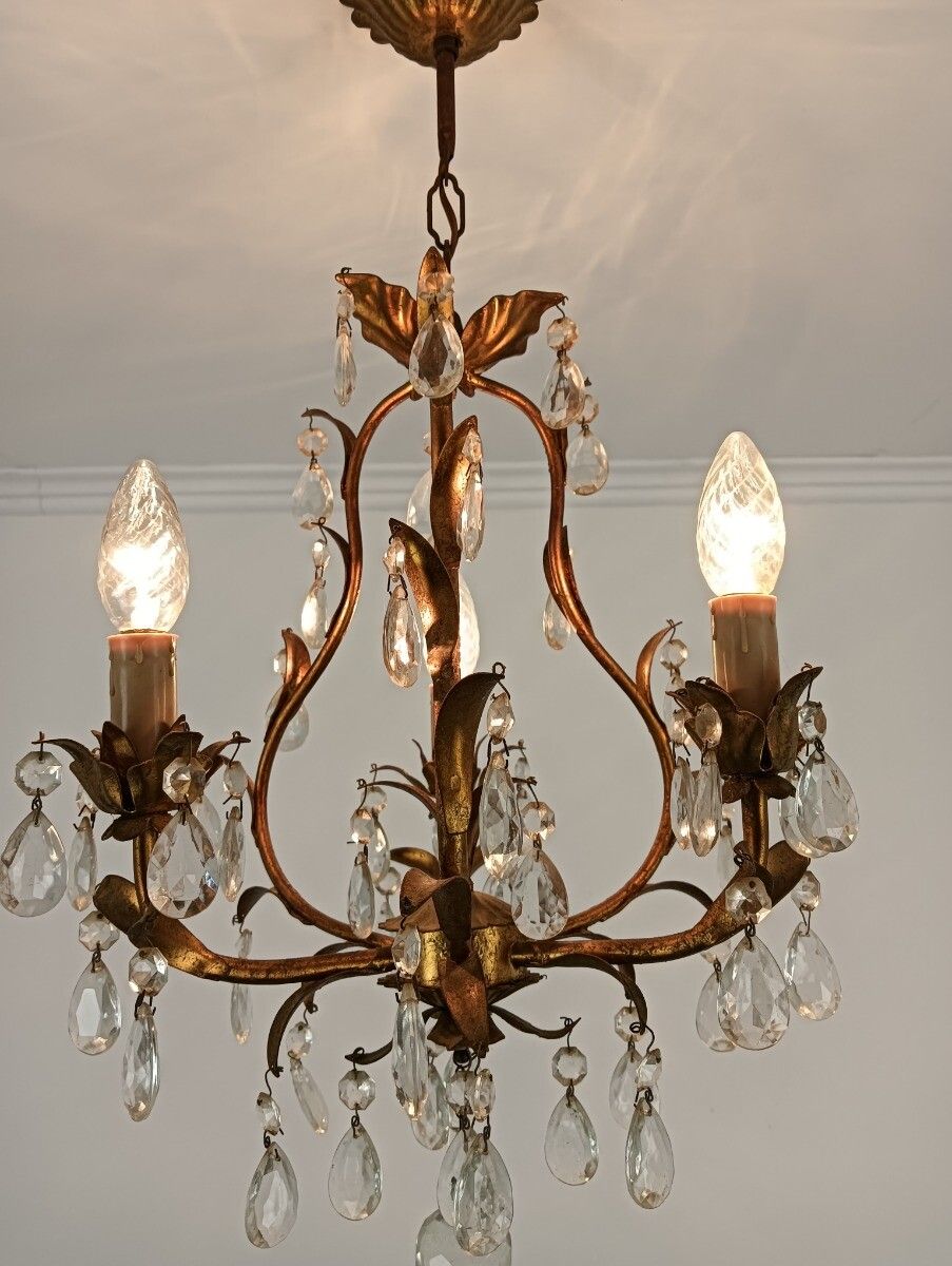 Italian Chandelier 3 Lights Art Glass Prisms Faux Brass Hollywood Regency Style photo furniture