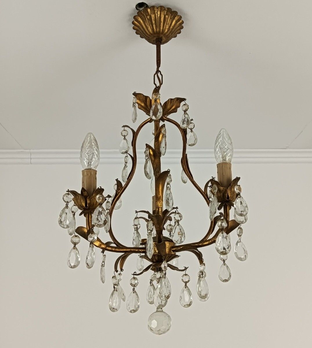 Italian Chandelier 3 Lights Art Glass Prisms Faux Brass Hollywood Regency Style photo for sale