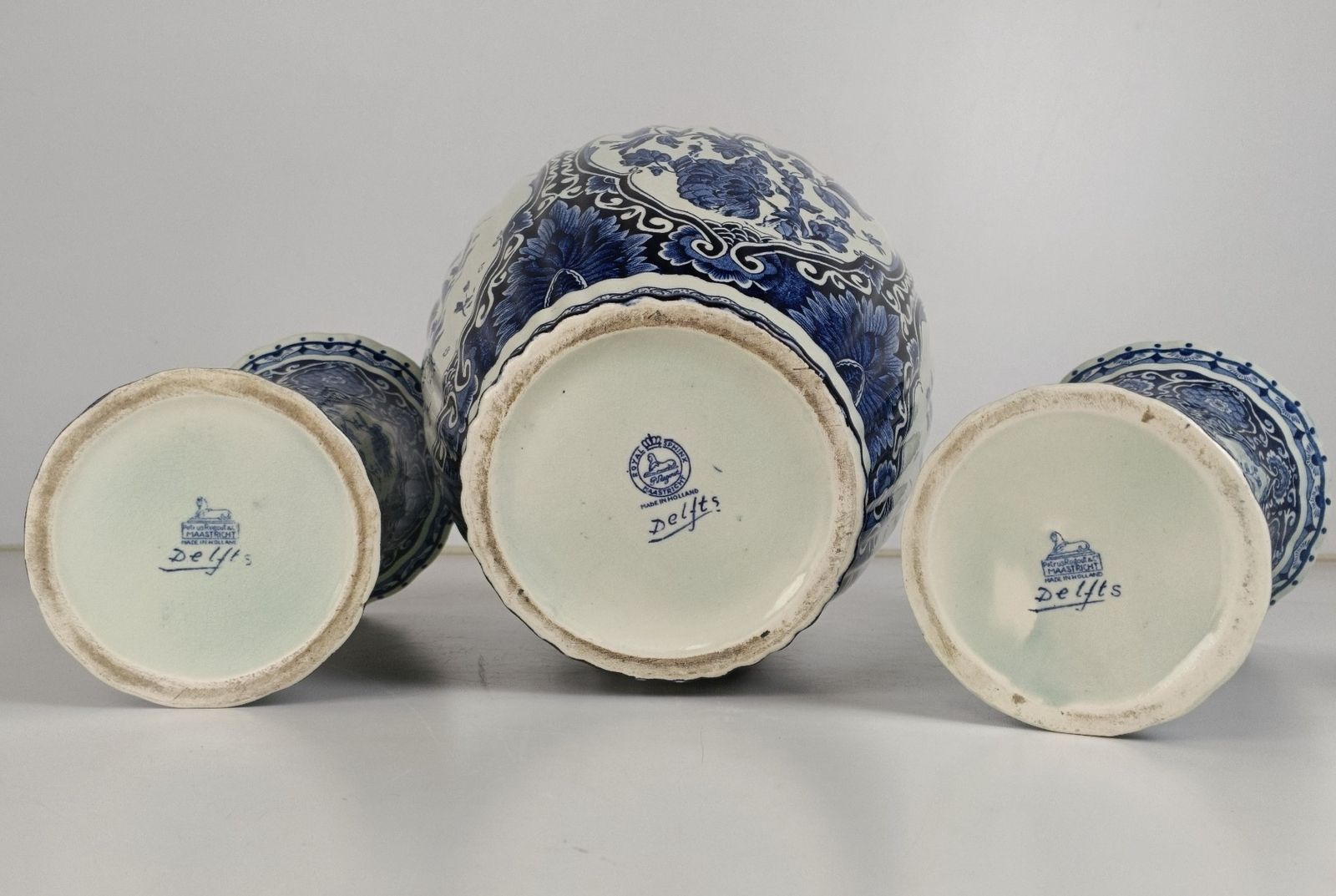photo for sale Delft Blue White Garniture Set Two Trumpet  Vases Urn Lidded 3 Pieces Royal Sphi