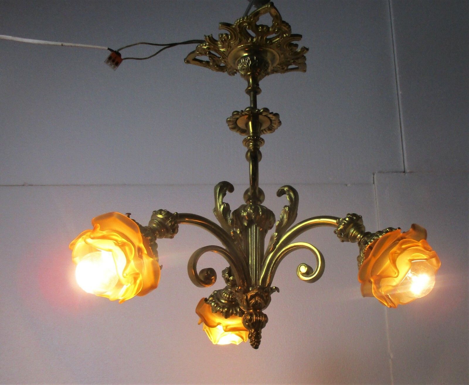 Vintage Chandelier 3 Arm Lights Ornate Bronze Art Glass Gorgeous Amber Sconces photo Lighting