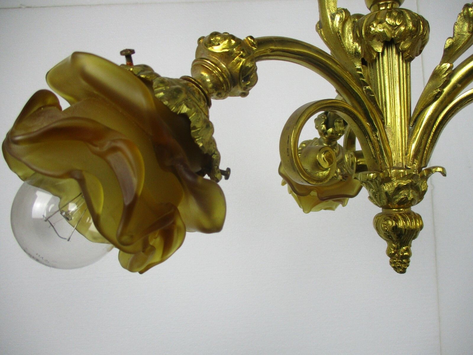 Vintage Chandelier 3 Arm Lights Ornate Bronze Art Glass Gorgeous Amber Sconces photo buy