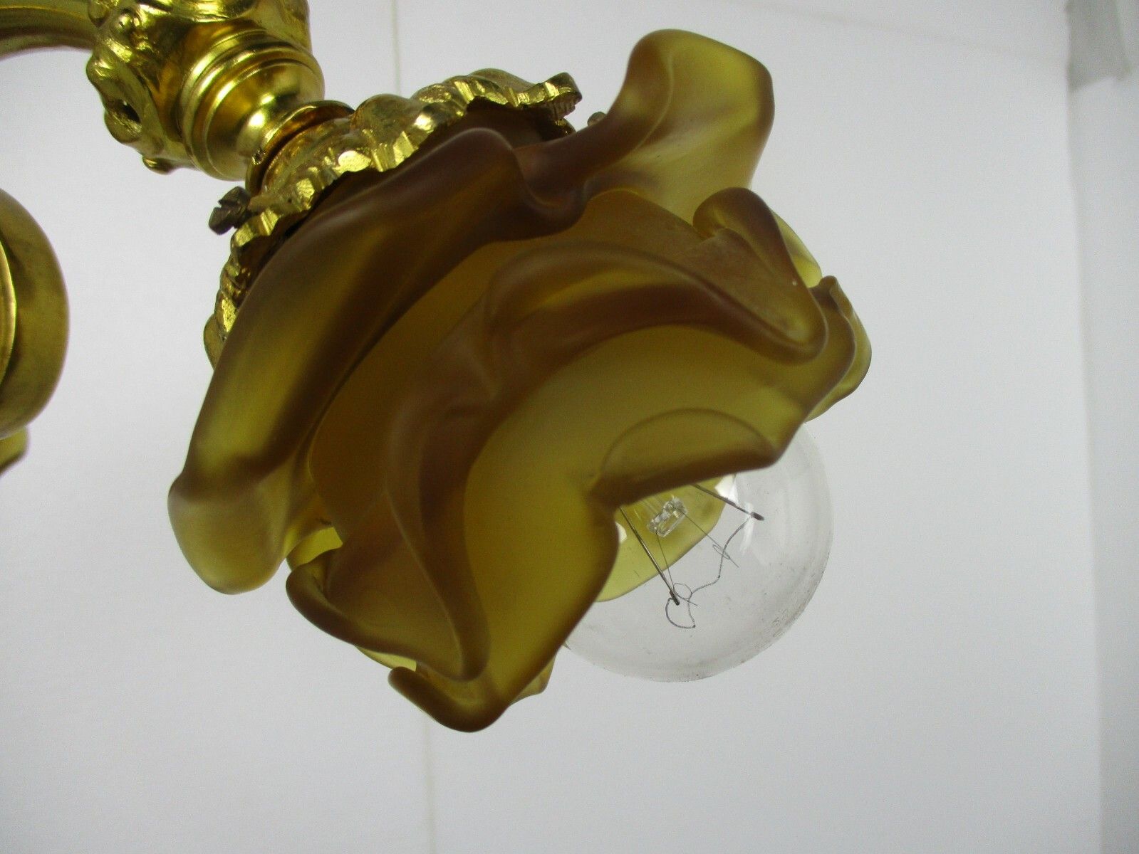 Vintage Chandelier 3 Arm Lights Ornate Bronze Art Glass Gorgeous Amber Sconces photo vintage