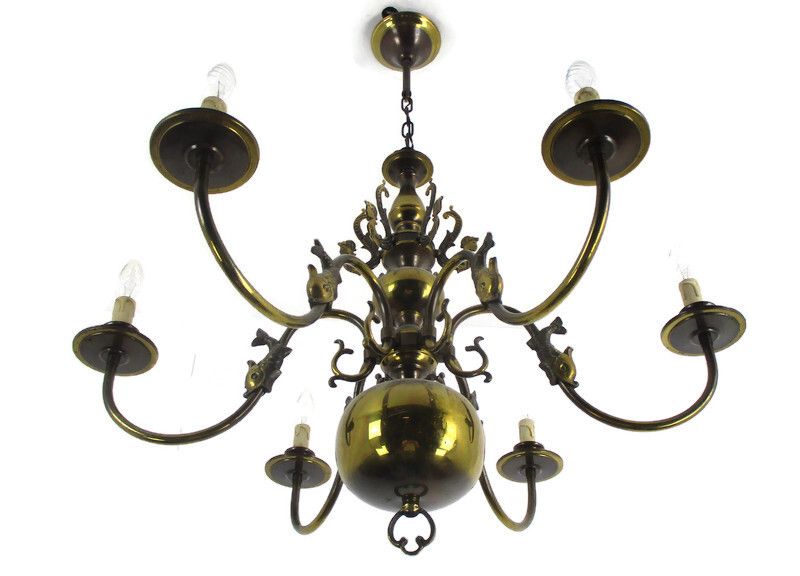 Flemish Dutch Chandelier 6 Arm Lights Brass Mermaids Fish Vintage Barn  Lovely