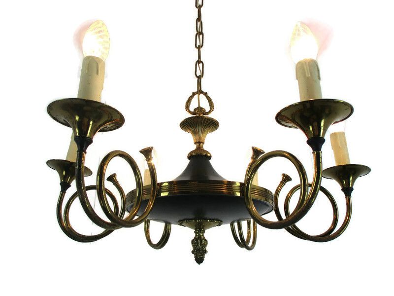 French Empire Pan Chandelier Green Tole Brass 6 Arms Hollywood Regency Trumpets