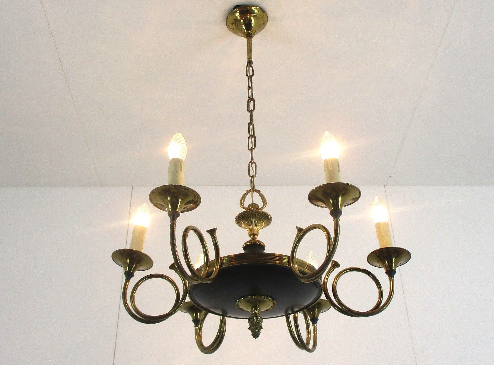 French Empire Pan Chandelier Green Tole Brass 6 Arms Hollywood Regency Trumpets photo furniture