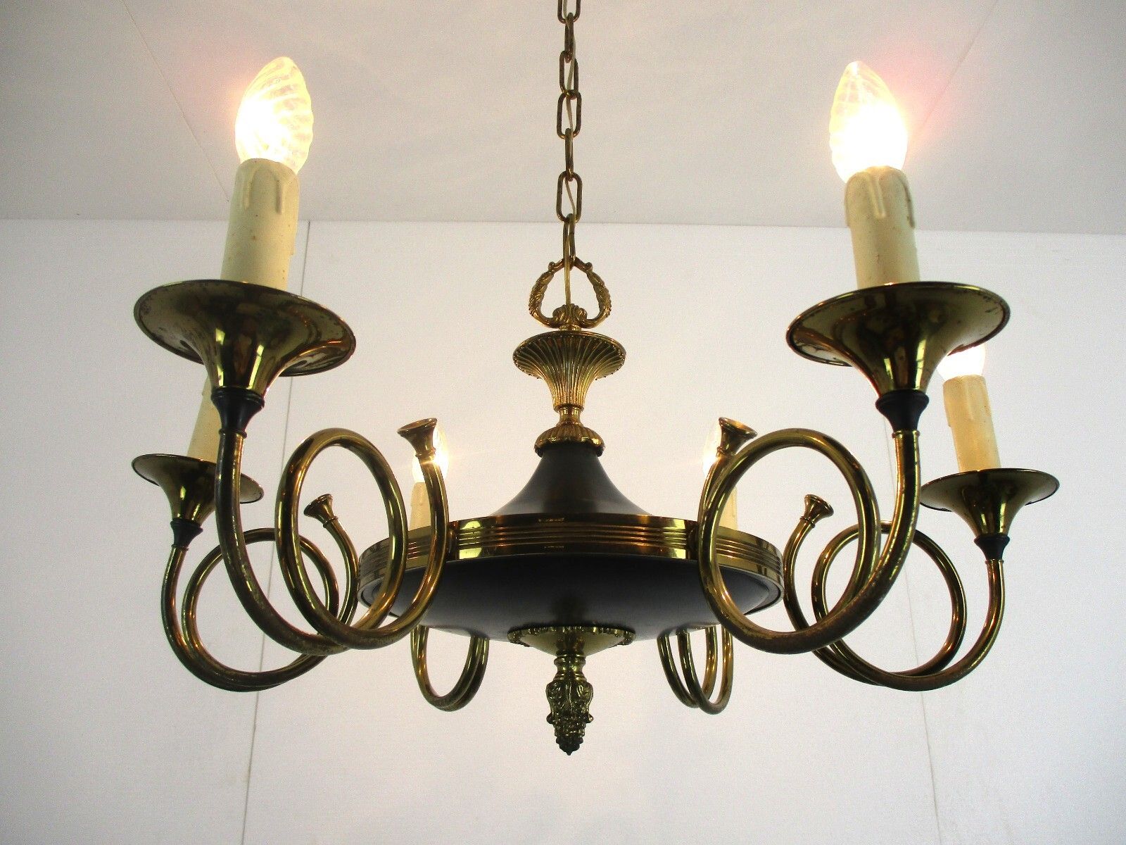 French Empire Pan Chandelier Green Tole Brass 6 Arms Hollywood Regency Trumpets photo for sale