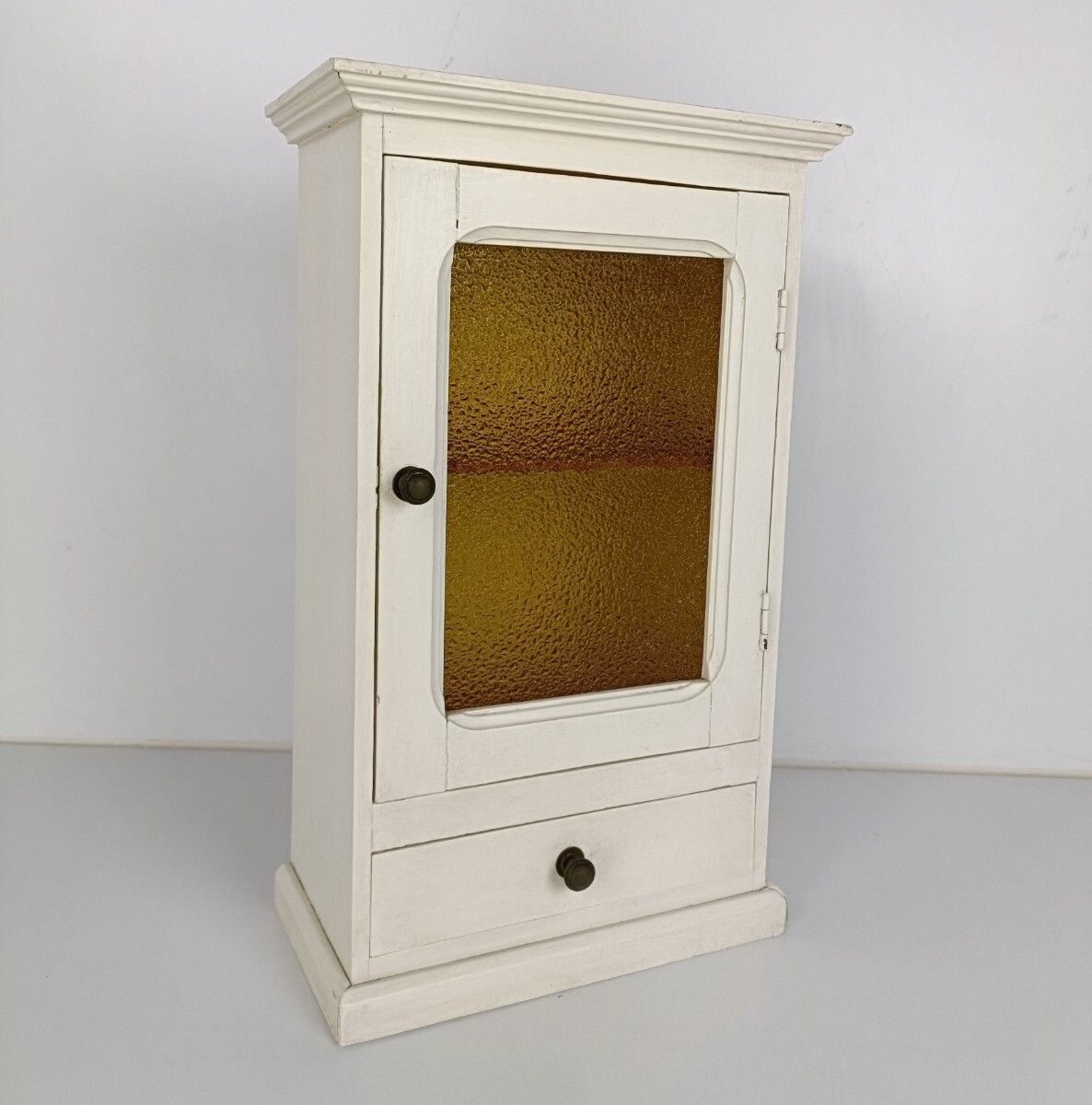 Apothecary Bathroom Medicine Kitchen Cabinet Wood  Antique  Bubbled Amber Glass photo for sale
