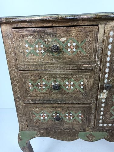 Florentine Wood Nightstand End Table Hall Cabinet Green Gold Gilded Italian Stun photo for sale