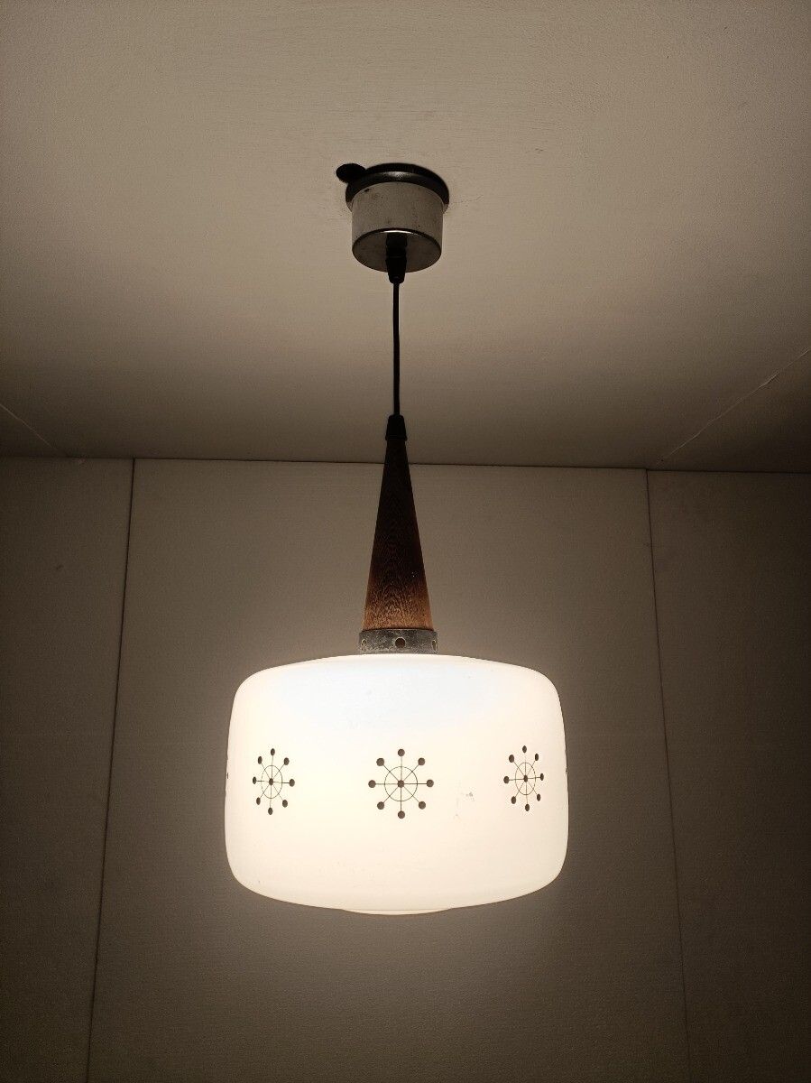 Danish Modern Chandelier Pendant Teak Opaline Glass Atomic  Retro Pop Art Style photo for sale
