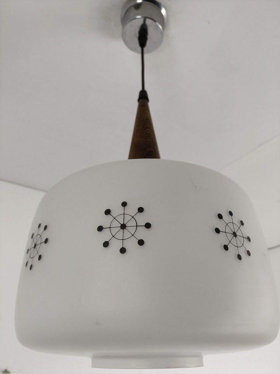 photo for sale Danish Modern Chandelier Pendant Teak Opaline Glass Atomic  Retro Pop Art Style