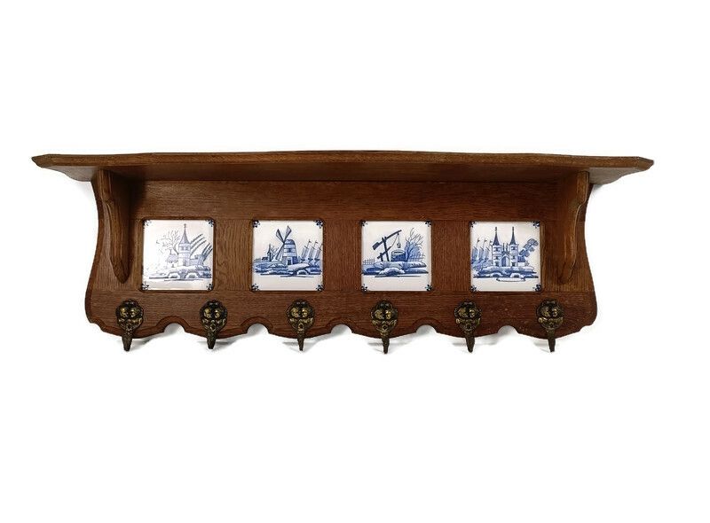 Antique Coat Hat Kitchen Rack Carved Wood Ceramic Delft Tiles Blue White Barn St