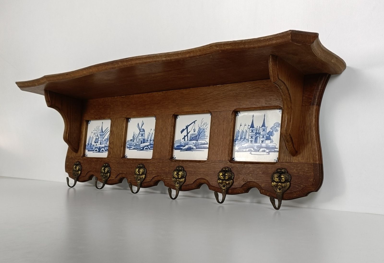 Antique Coat Hat Kitchen Rack Carved Wood Ceramic Delft Tiles Blue White Barn St photo for sale