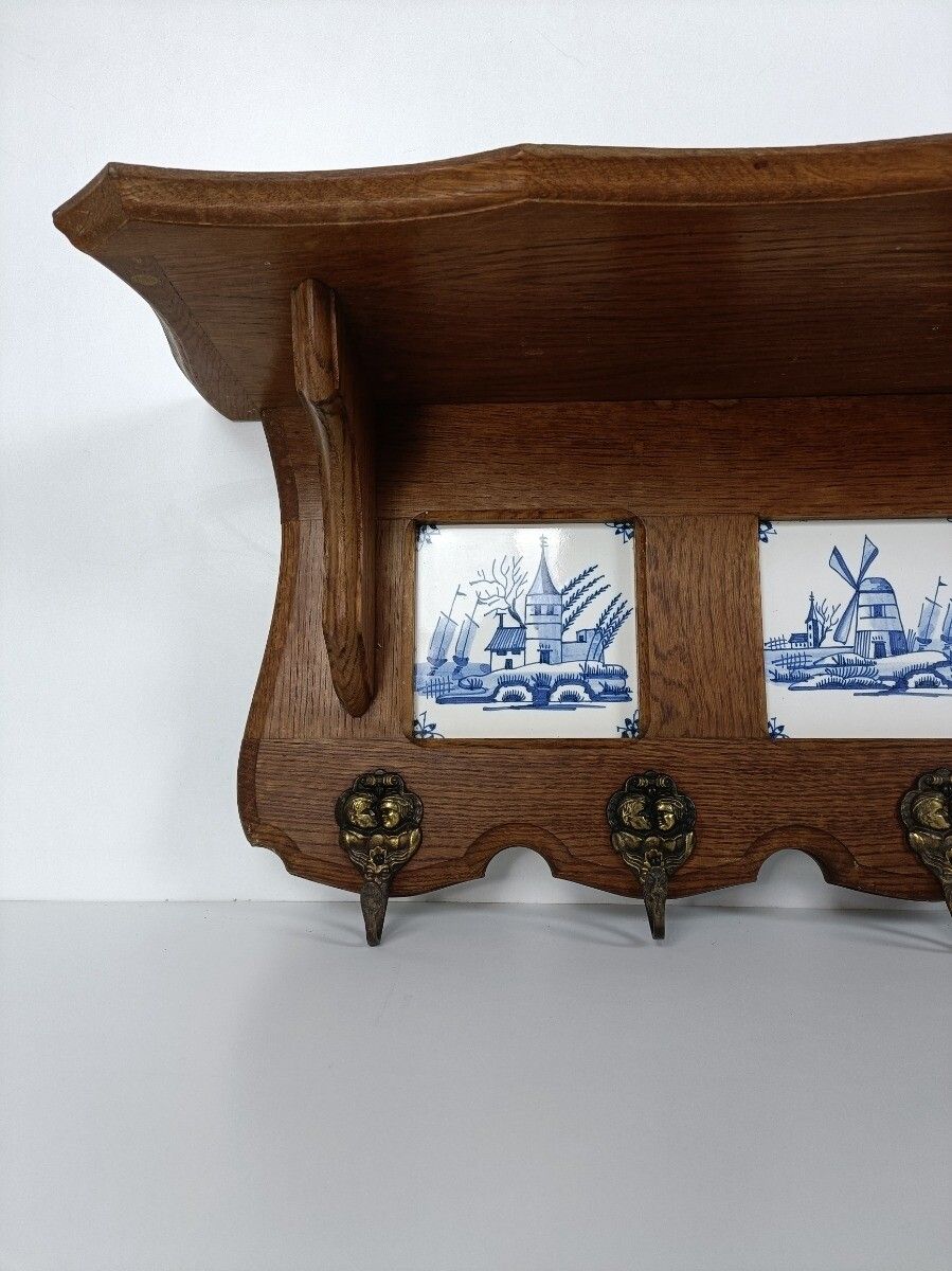 Antique Coat Hat Kitchen Rack Carved Wood Ceramic Delft Tiles Blue White Barn St photo Furniture