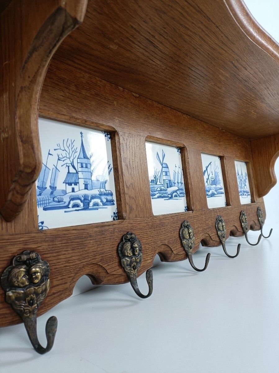 Antique Coat Hat Kitchen Rack Carved Wood Ceramic Delft Tiles Blue White Barn St photo vintage