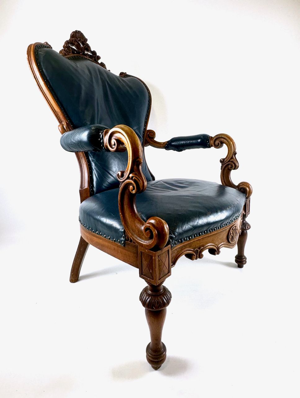 Antique French Armchair In Walnut And Blue Leather, 1890s photo buy