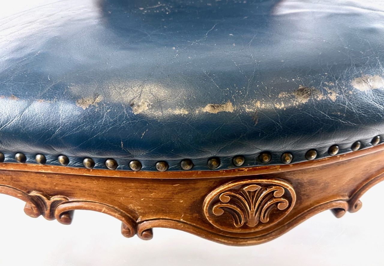 Antique French Armchair In Walnut And Blue Leather, 1890s photo vintage