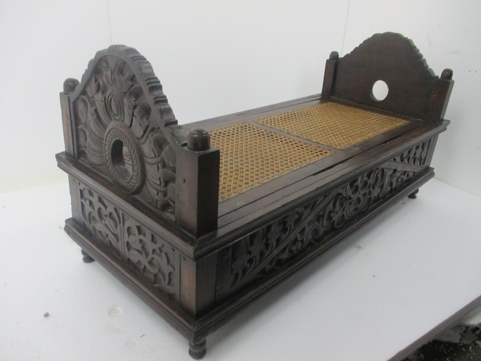 Antique 19th Century Wooden Breton Cradle Crib Turned Into Chest With Rush Seati photo Furniture