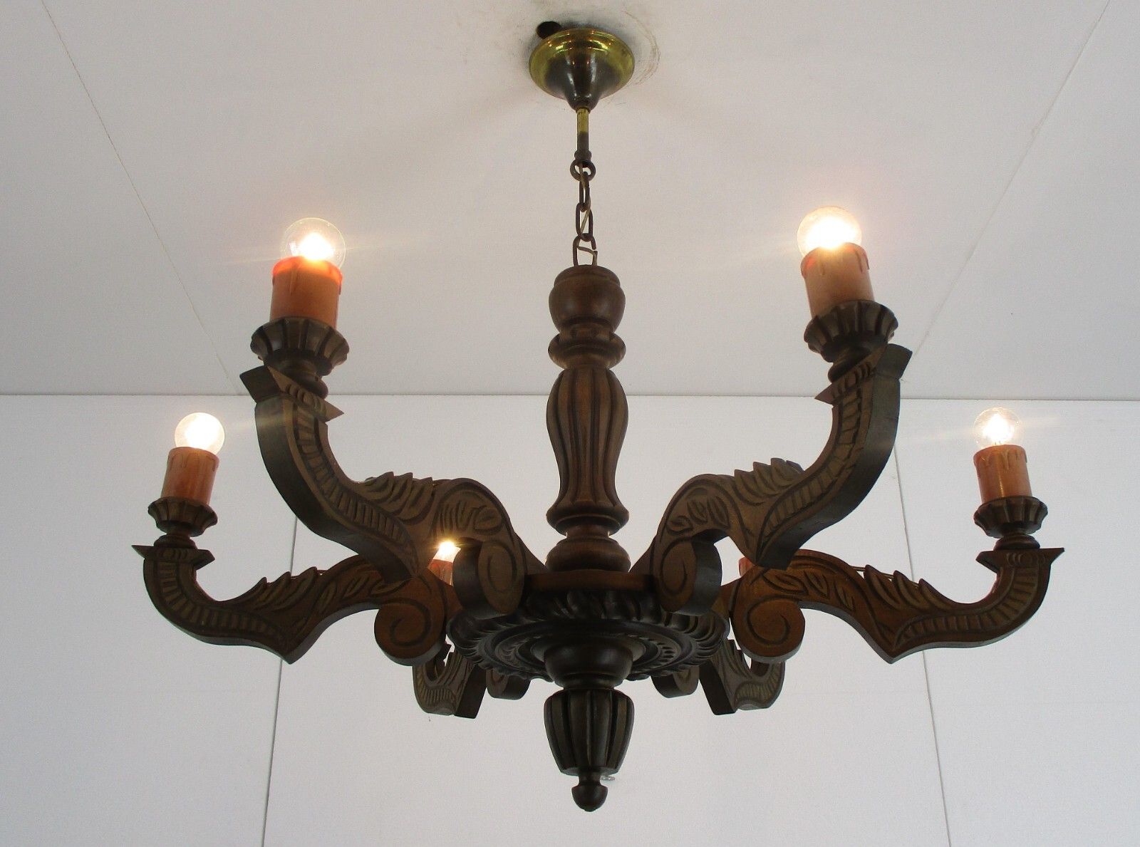 Hand Carved Wooden Chandelier Ornate 6 Arm Lights Mid Century  Farmhouse Style photo for sale