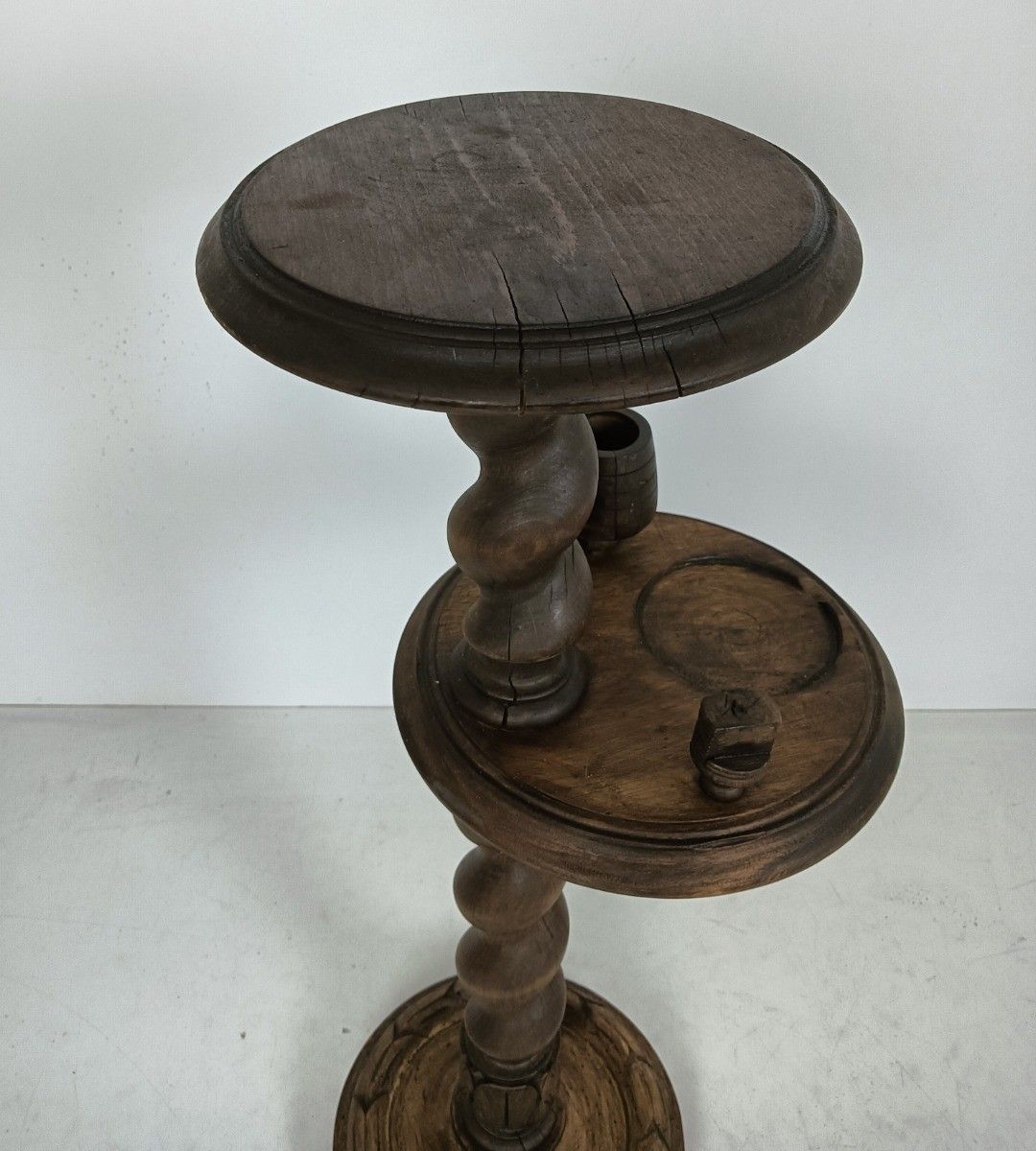 Barley Twist Vintage Pedestal Plant Stand Side Table Two Tier Smokers Table Carv photo for sale