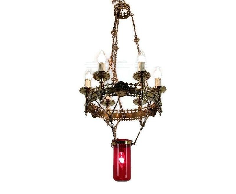 Gothic Antique Chandelier Bronze Art Glass Red 7 Lights Ornate Very Rare Wow