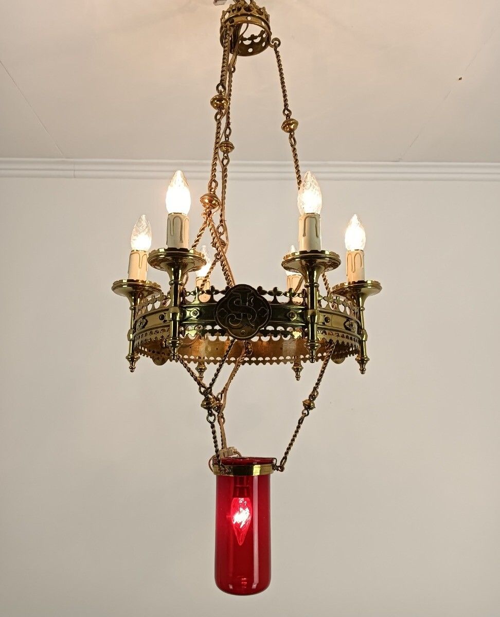 Gothic Antique Chandelier Bronze Art Glass Red 7 Lights Ornate Very Rare Wow photo vintage