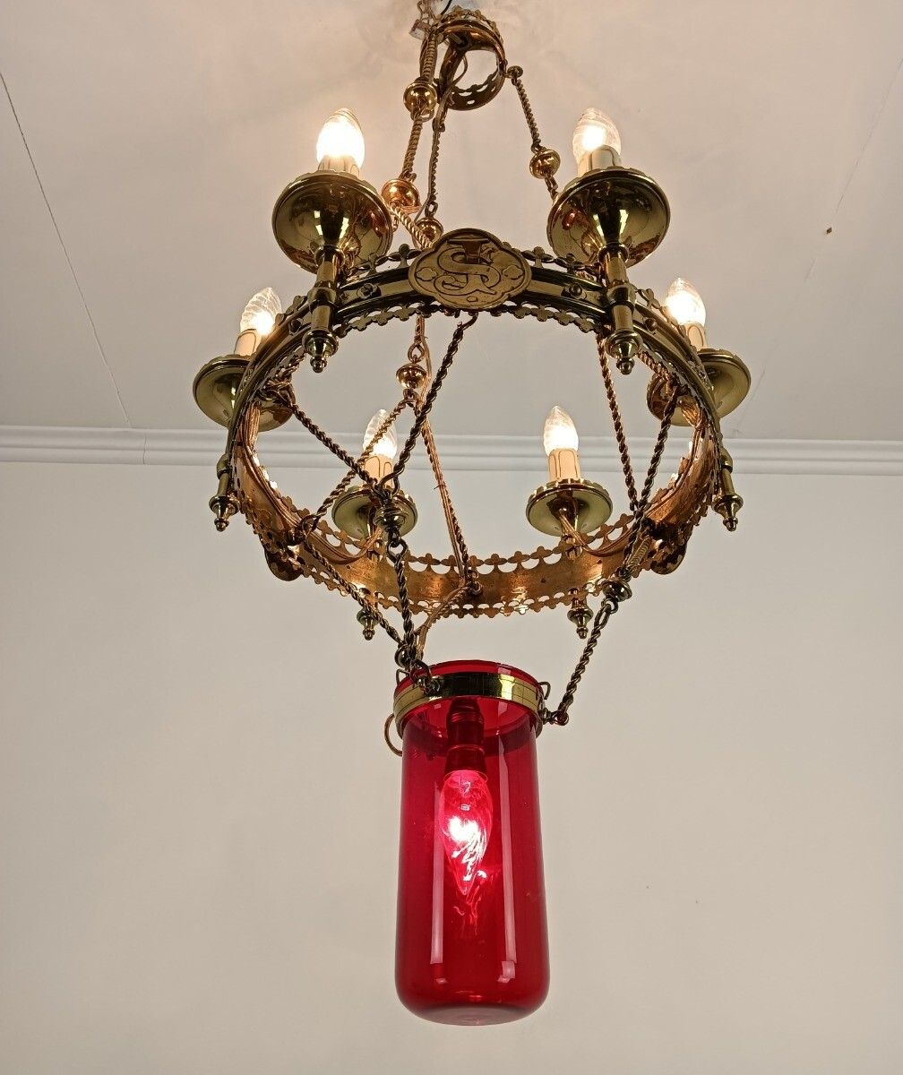 photo furniture Gothic Antique Chandelier Bronze Art Glass Red 7 Lights Ornate Very Rare Wow
