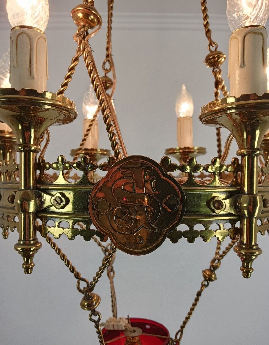 photo for sale Gothic Antique Chandelier Bronze Art Glass Red 7 Lights Ornate Very Rare Wow