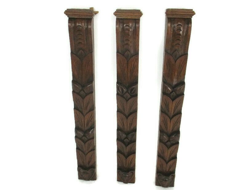 3 Pieces Antique French Carved Oak Reclaimed Architectural Trim Pediment Salvage