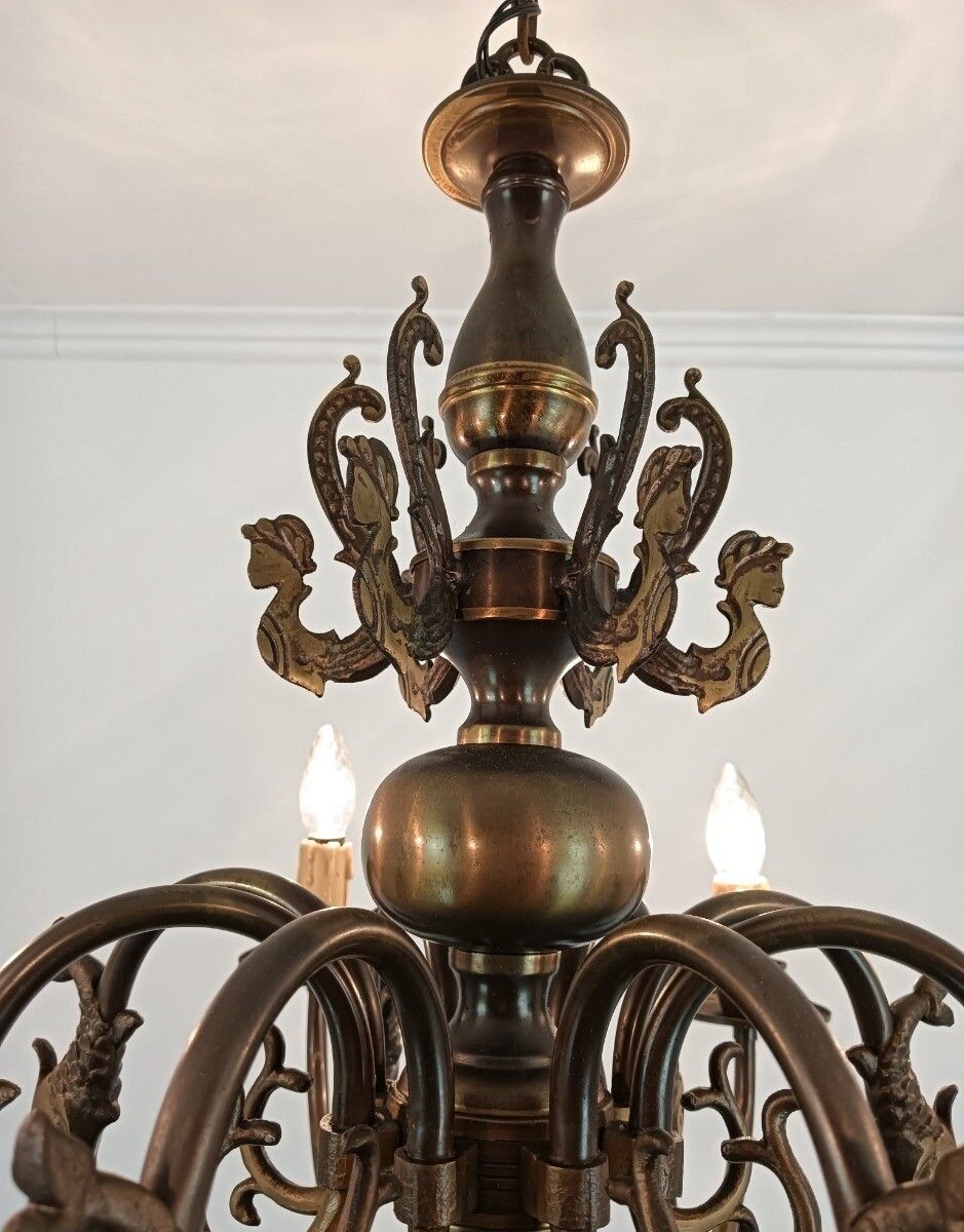 Flemish Dutch  Chandelier 8 Arms Lights Brass  Fish  Gorgeous Vintage Barn Farmh photo for sale
