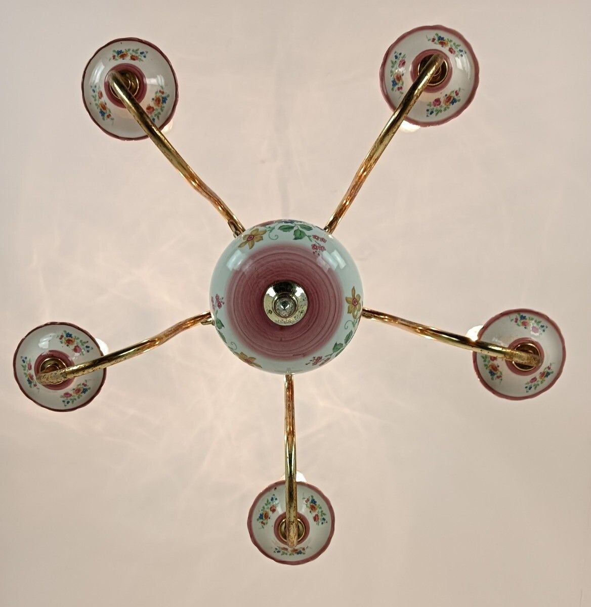 Vintage Chandelier Porcelain Italy Italian Fixture Flower Pattern Pink 5 Lights photo vintage