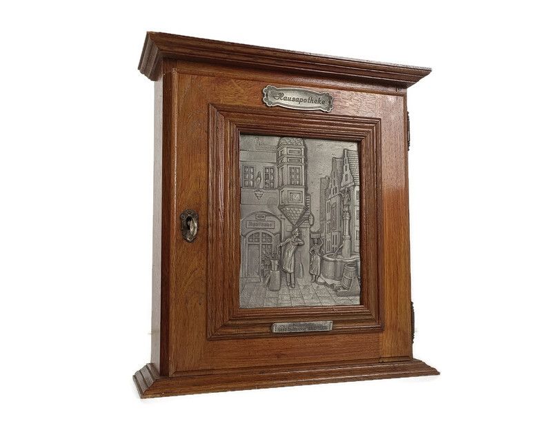 Vintage German Oak Kitchen Apothecary Wall Cabinet Brass Plaque Hausapotheke