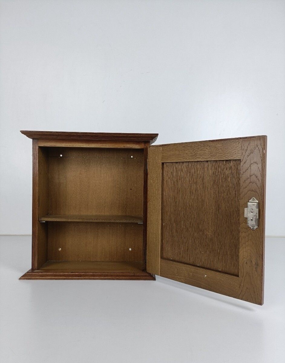 Vintage German Oak Kitchen Apothecary Wall Cabinet Brass Plaque Hausapotheke photo vinterior