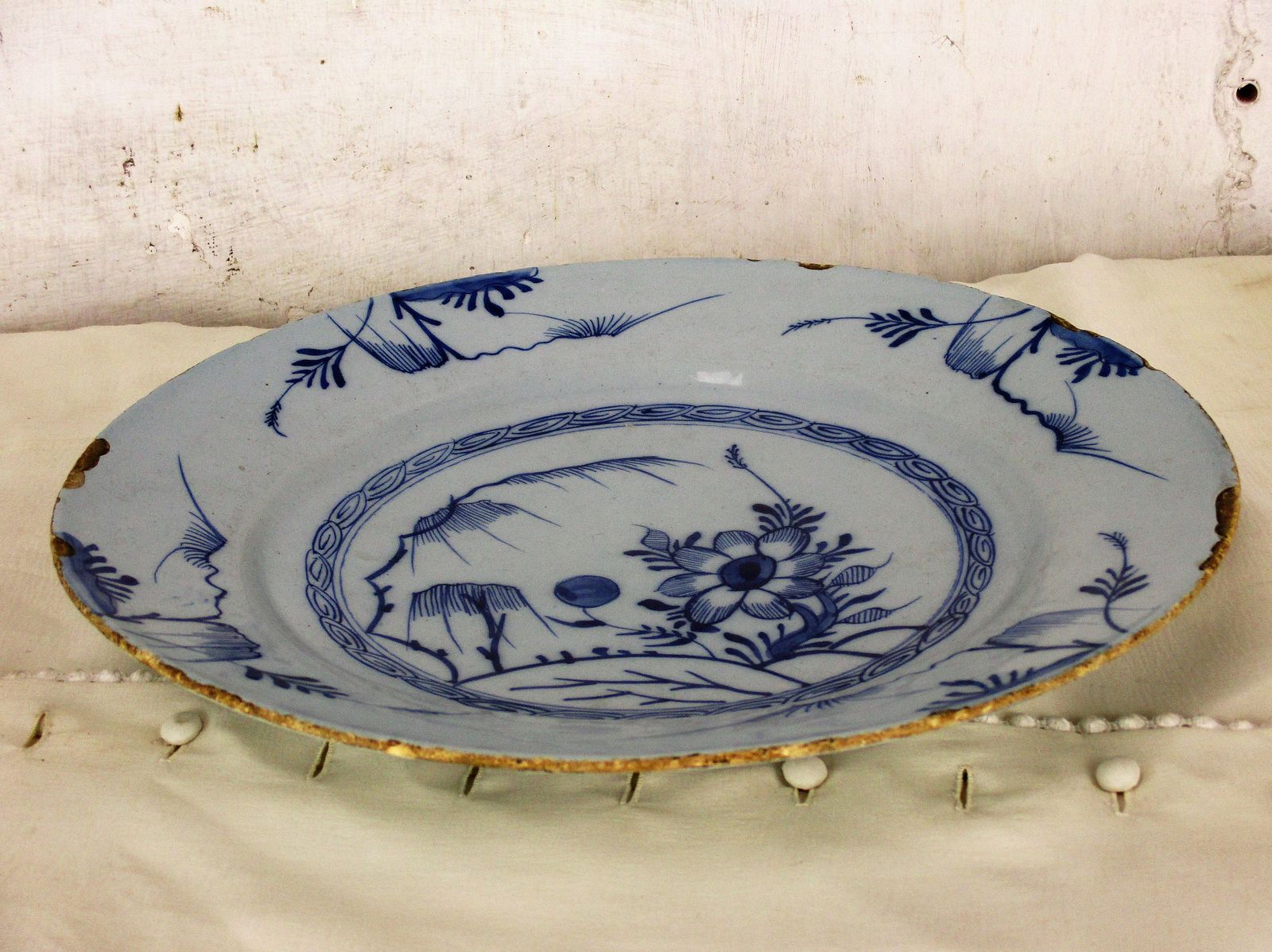 Antique 19th Century Large Delft Wall Hanging Charger Plate Blue White Flower photo for sale