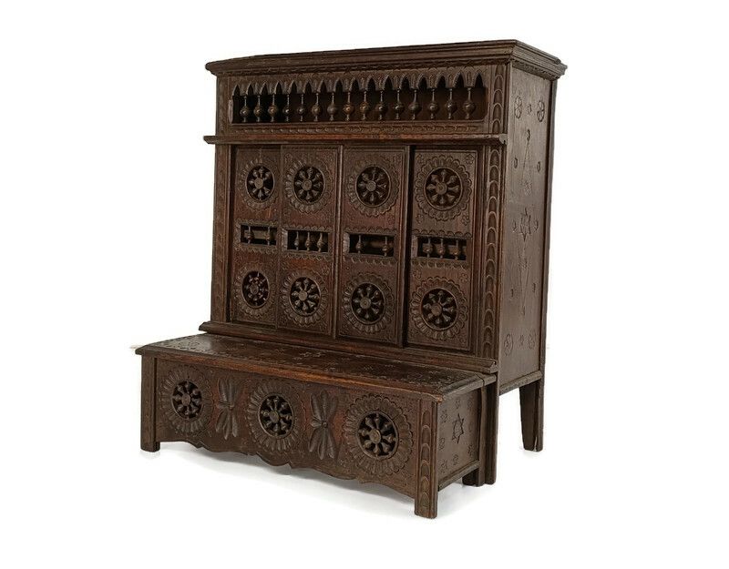 Miniature French Breton Salesman Sample Hanging Cabinet Wood Antique 1900s Gorge
