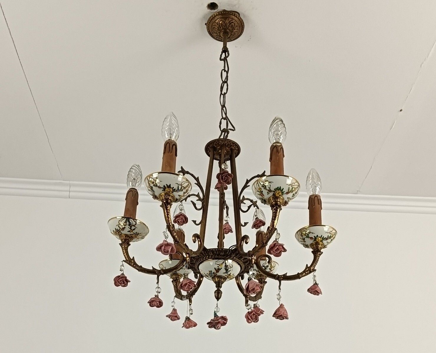 Lovely Italian Chandelier Brass With Porcelain Pink Flowers Romantic 6 Lights VI photo Lighting