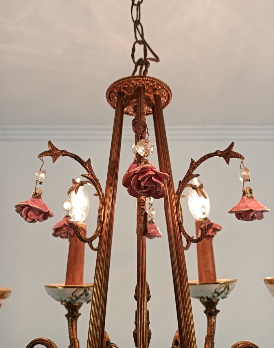 Lovely Italian Chandelier Brass With Porcelain Pink Flowers Romantic 6 Lights VI photo vinterior