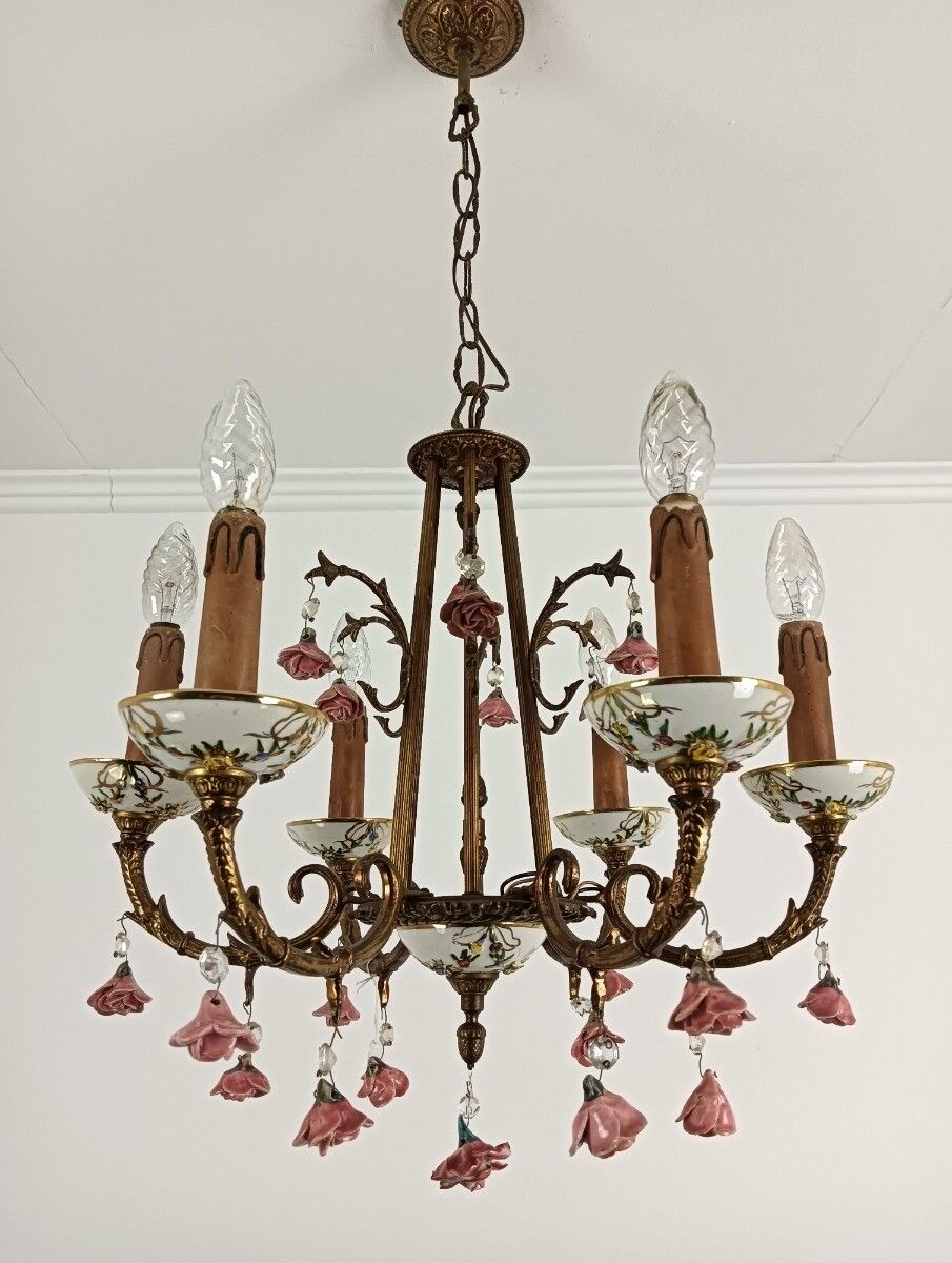 Lovely Italian Chandelier Brass With Porcelain Pink Flowers Romantic 6 Lights VI photo buy