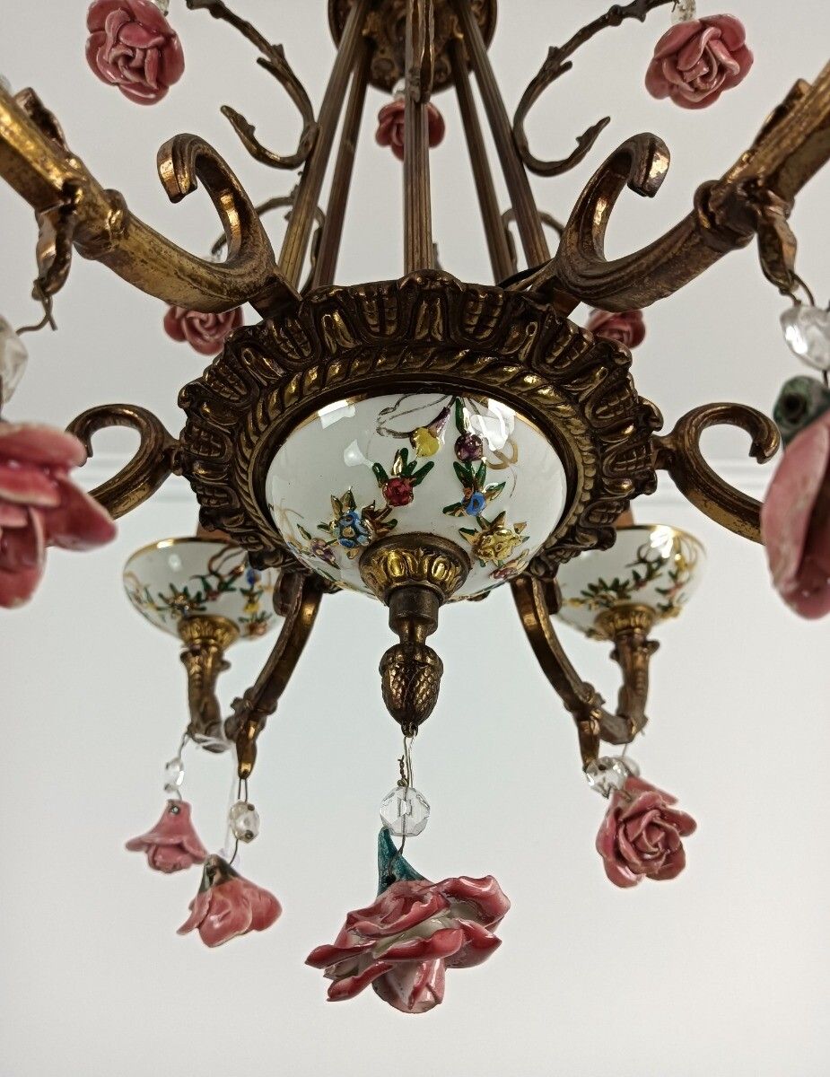 photo for sale Lovely Italian Chandelier Brass With Porcelain Pink Flowers Romantic 6 Lights VI