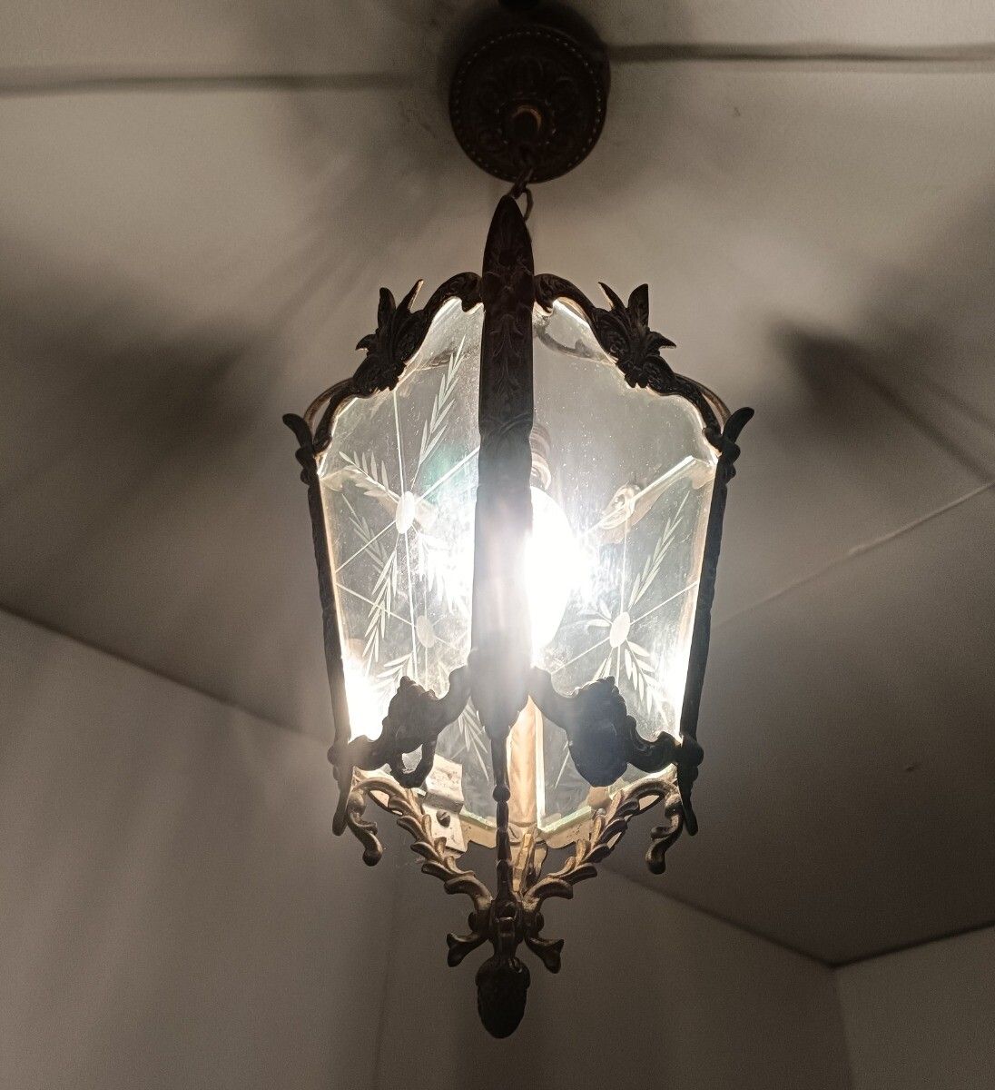 Pendant Lantern Etched Art Glass Ceiling Light Brass Vintage photo for sale