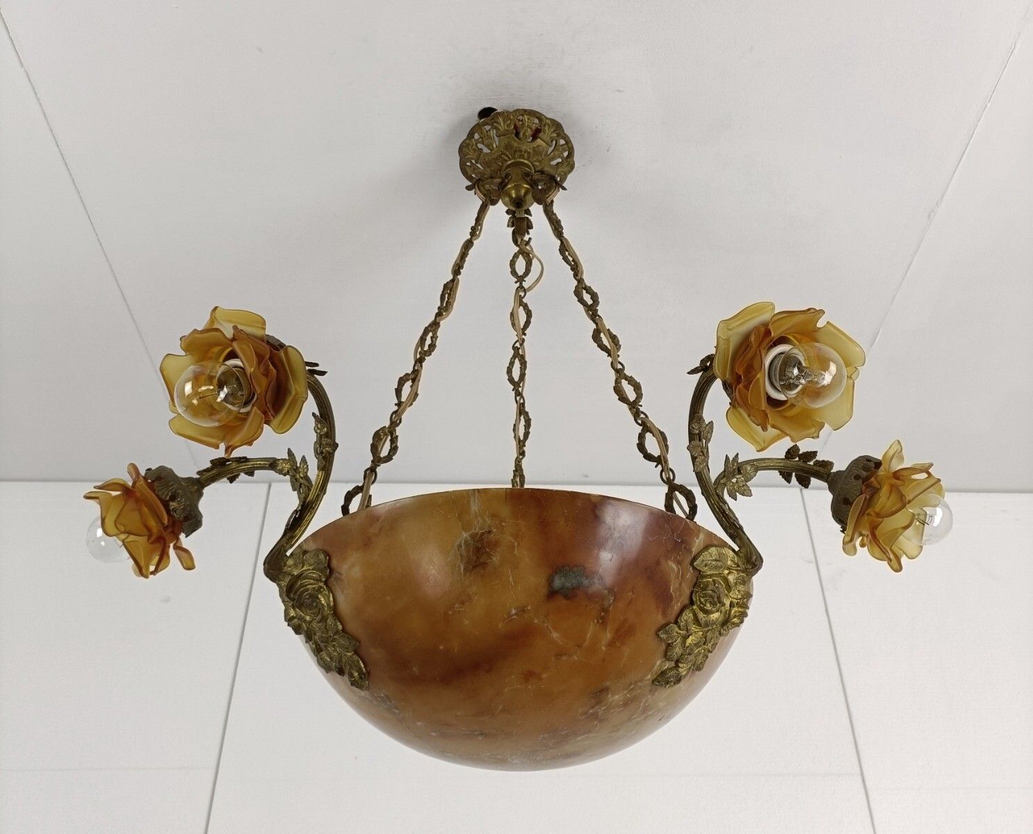 Art Nouveau Pendant Chandelier Alabaster Amber Flower Shades 9 Lights  Antique G photo 769.0