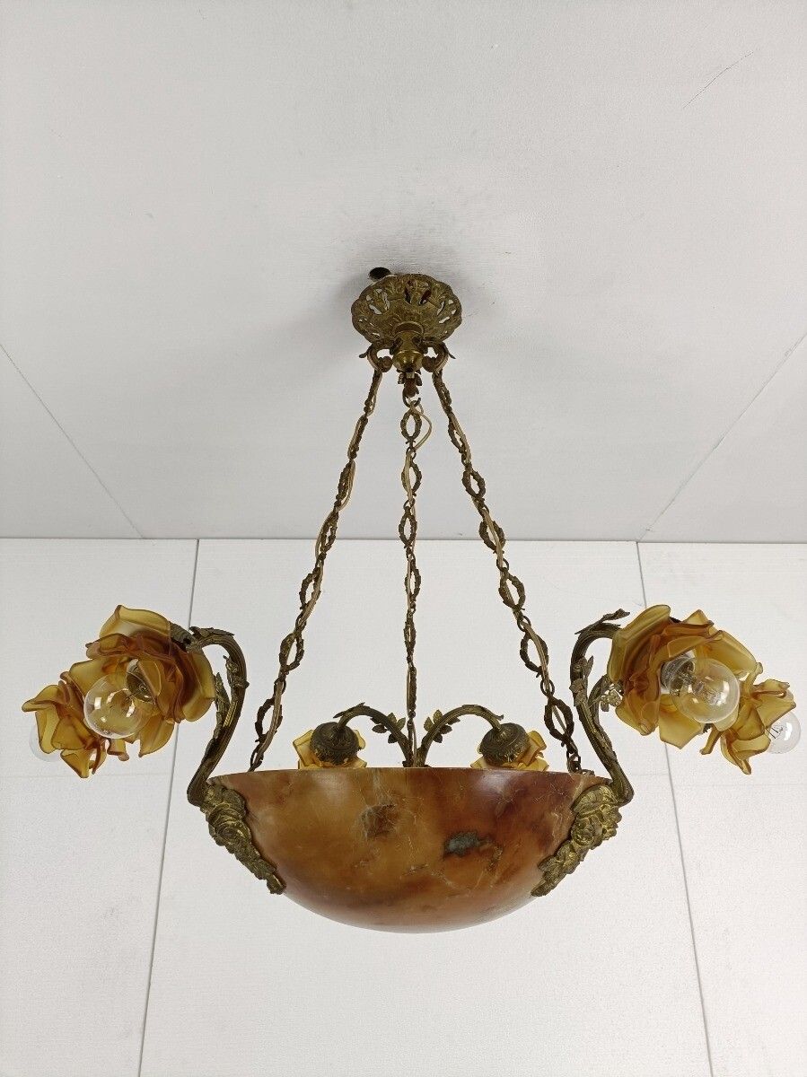 Art Nouveau Pendant Chandelier Alabaster Amber Flower Shades 9 Lights  Antique G photo vinterior