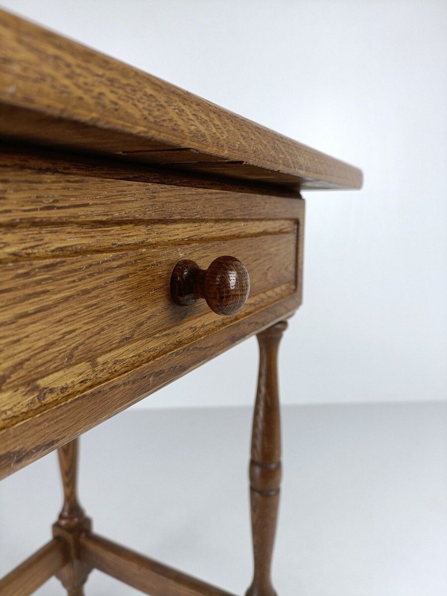Vintage Oak Carved Wood Side Occasional Table With Drawer Desk Barn Farmhouse St photo Furniture