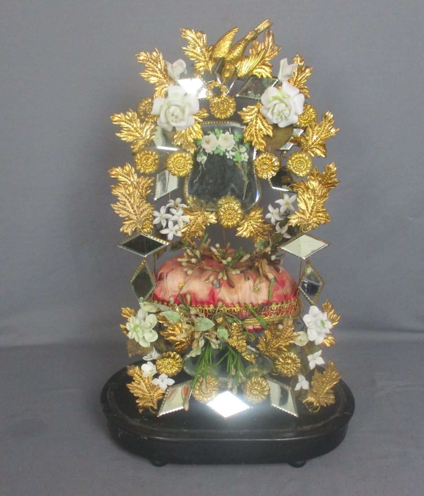 Antique 1800 Victorian French Bridal Wedding Dome Gold Gilt Leafs  Ormolu Birds photo 594.0