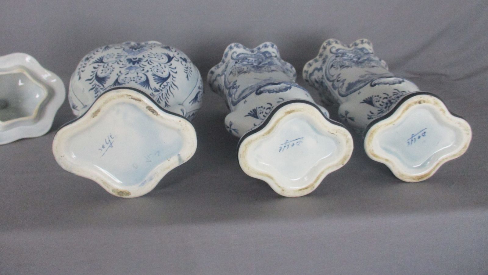 3 Pcs Delft Blue Pottery Garniture Set 2 Trumpet Vases Matching Covered Urn photo 182.0